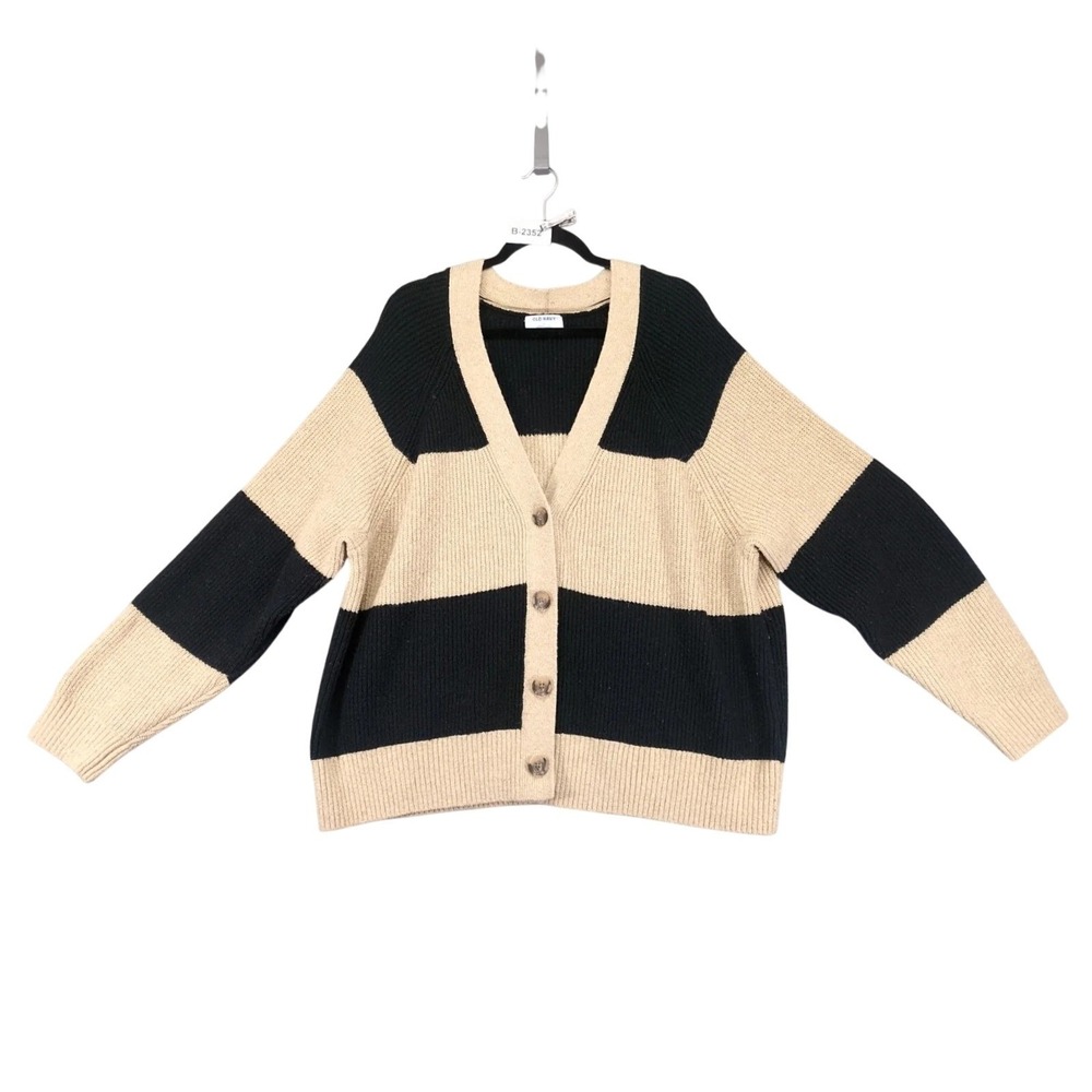 Old Navy Black Beige Striped Cardigan Sweater Womens Plus 2X Relaxed Chunky Knit